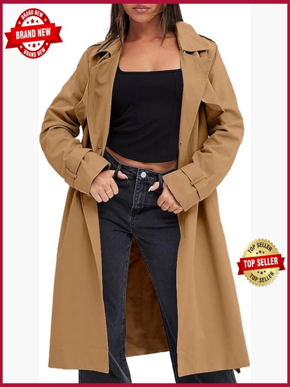 Double Breasted Trench Coat Windproof Long Overcoat with Belt